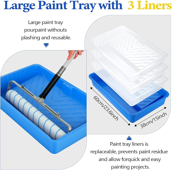 18 Inch Paint Roller Kit, 14 Pack Paint Roller Set with 2-4 Ft Extension Pole, Paint Tray Liners with Plastic Sheeting for Painting Walls Ceilings House Corner Stain