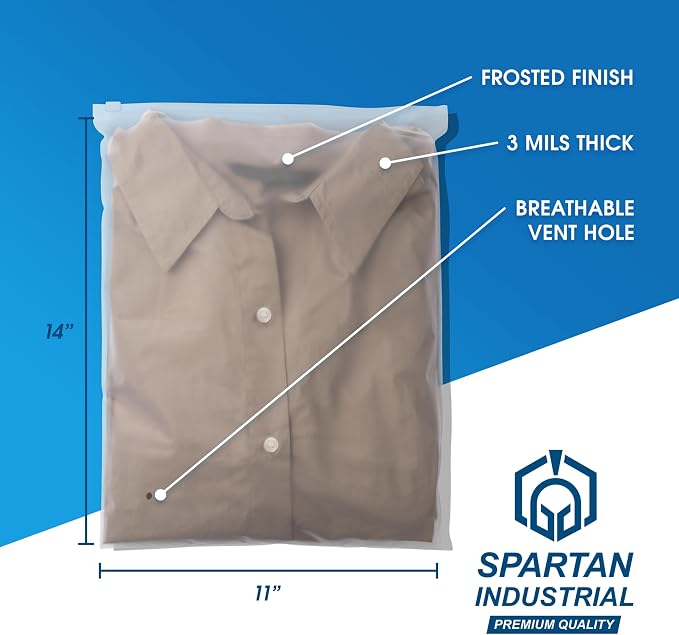 Spartan Industrial - 11” X 14” (100 Count) 3 Mil Frosted Reclosable Zip Plastic Bags with Resealable Lock Seal Zipper and Vent Hole | For Packaging Clothes, Shirts & More