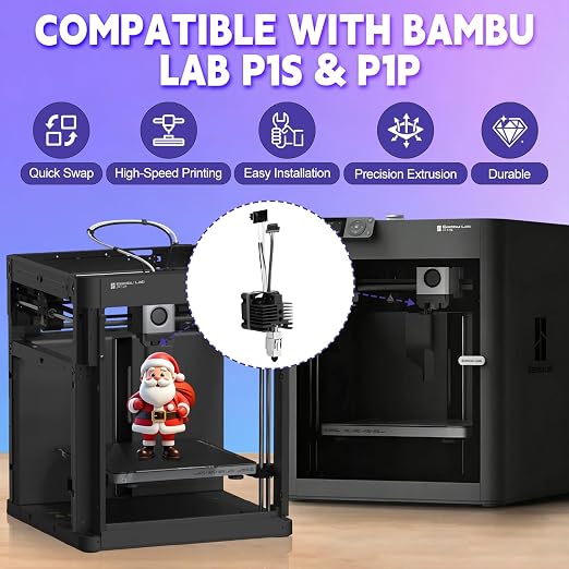 Hotend Kit for Bambu Lab P1P/P1S, 3D Printer Full Assembly Hot End with Fan, P1S Hardened Steel 0.4mm Nozzle High Speed & Temperature Extruder Heating Block Hot End for Bambu Lab P1 Series 3D Printers