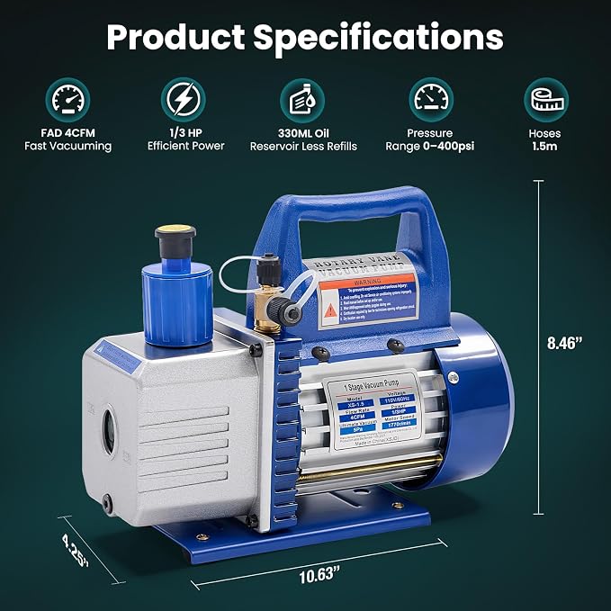 OLIXIS 110V 1/3 HP 4CFM Single Stage Vacuum Pump Kit with R134a Manifold Gauge Set, Leak Detector, 1/4" Hoses & Carry Bag for HVAC AC Refrigeration, ETL Listed, Blue