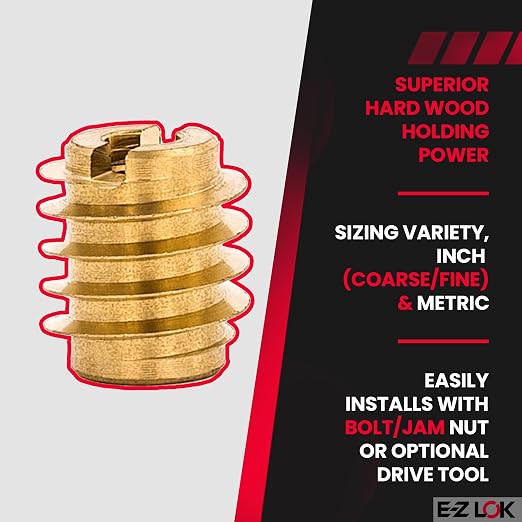 E-Z LOK Knife Threaded Insert for Hard-Wood, Brass Thread Inserts 4-40 Internal Threads, 0.375" Length Pack of 25