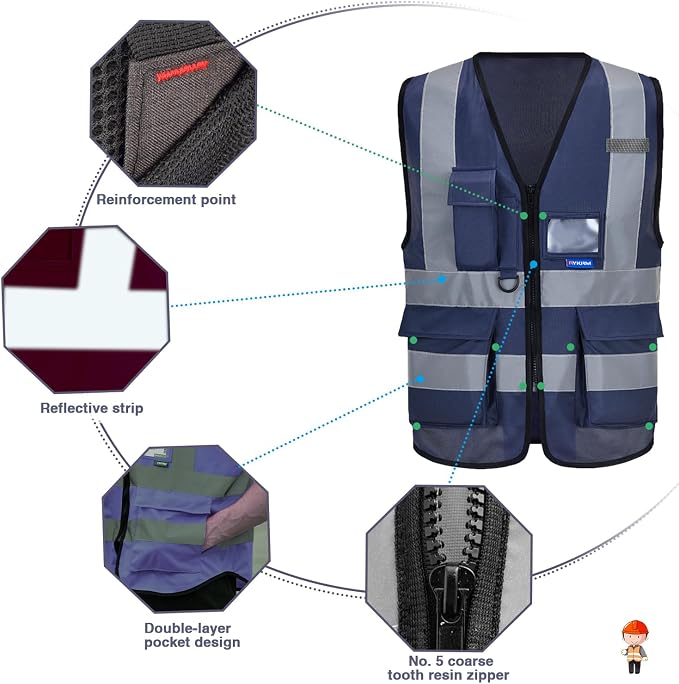 navy blue safety vest with pockets | Navy 2XL Polyester work vest with clear PVC ID holder, mic tabs and high-visibility reflective strips for site management.
