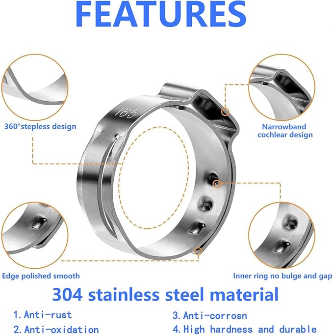260 PCS 12 Sizes Single Ear Hose Clamps, 5.3-33.1mm 304 Stainless Steel Crimp Hose Clamp Assortment Kit with Ear Clamp Pincer, Cinch Rings Crimp Pinch Tools for Securing Pipe Hoses Automotive Use