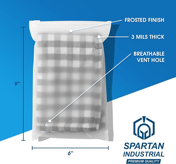 Spartan Industrial - 6" X 9" (1000 Count) 3 Mil Frosted Zipper Bags With Vent Hole - Reclosable Packaging Bags for Cosmetics, Prints, Accessories