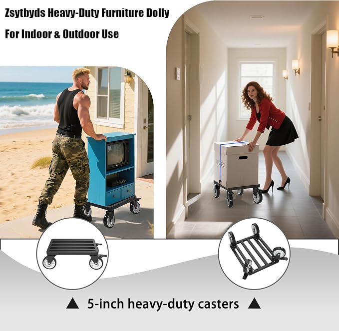 Heavy-Duty Stainless Steel Furniture Dolly, 18'' x 14'' Furniture Mover with 1200LB Capacity, 5'' Swivel Casters & Tie-Down Straps for Secure Transport