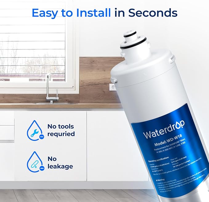 Waterdrop H-300 Under Sink Water Filter, Replacement for Pentair® Everpure H-300, H-300-NXT, 7CB5, EV9270-71, EV9270-72, EV9618-11, EV9855-50, EV9282-01, NSF/ANSI 42 Certified, 24000 Gallons, 2 Pack