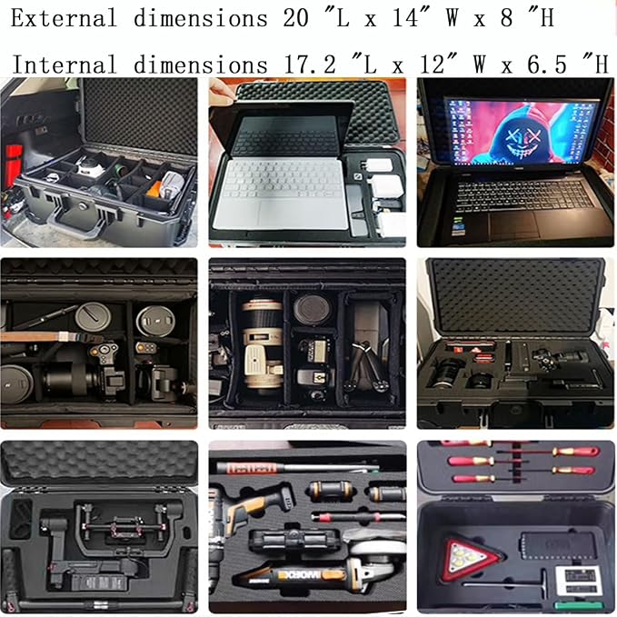 20" L x 13" W x 8" H Large Hard Case with Foam, Portable Rolling Hard Case with Wheels, Waterproof Shockproof Dustproof, Suitable for Cameras, Lenses, Camcorder, Instrument, Telescopes