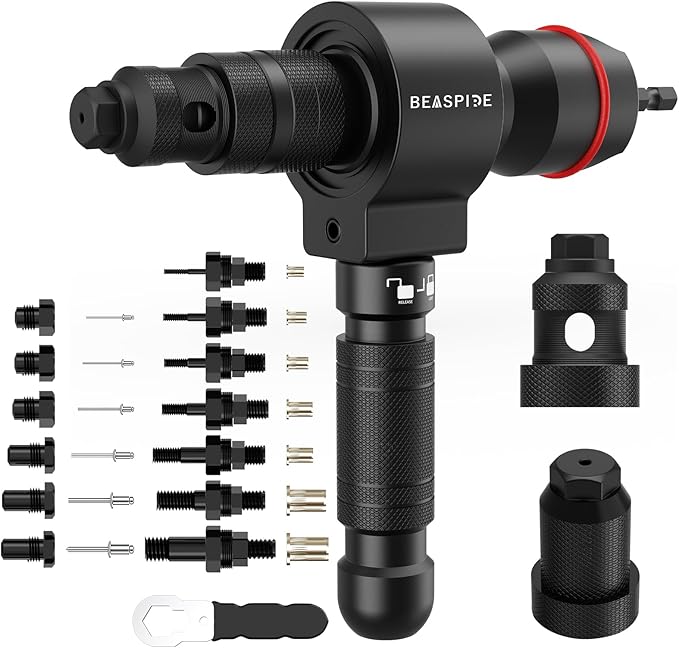 Beaspire Rivet Nut Tool Kit for Drill, 2-in-1 Cordless Rivet Gun Adapter & Rivet Nut Adapter, Rivnut Tool Set with 7 Metric Mandrels, 6 Rivet Head Sizes, 65Pcs Rivet Nuts, Carry Case