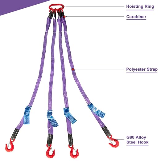 Pindex 5ft 3t Chain Sling for Lifting, 6610lbs Polyester Strap Lifting Sling Chain Hoist with G80 Alloy Steel 4 Legs Grab Hook and Adjuster, Adjustable Length and Angle for Safe Towing