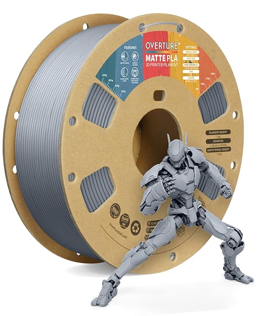 OVERTURE PLA Matte 3D Printer Filament 1.75mm, Matte PLA 1kg Cardboard Spool (2.2lbs), Dimensional Accuracy +/- 0.02 mm (Matte Light Gray) | Frosted Matt Finish Hides Layer Lines, 1kg Spool (2.2lbs) Cardboard Spool, Fit Most FDM Printer (Matte Light Gray)