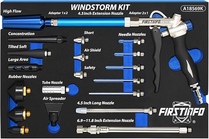 FIRSTINFO A18569KUS Windstorm (2X Flow) Air Blow Gun with Nozzles and Rubber Tips Kit, 22-Piece