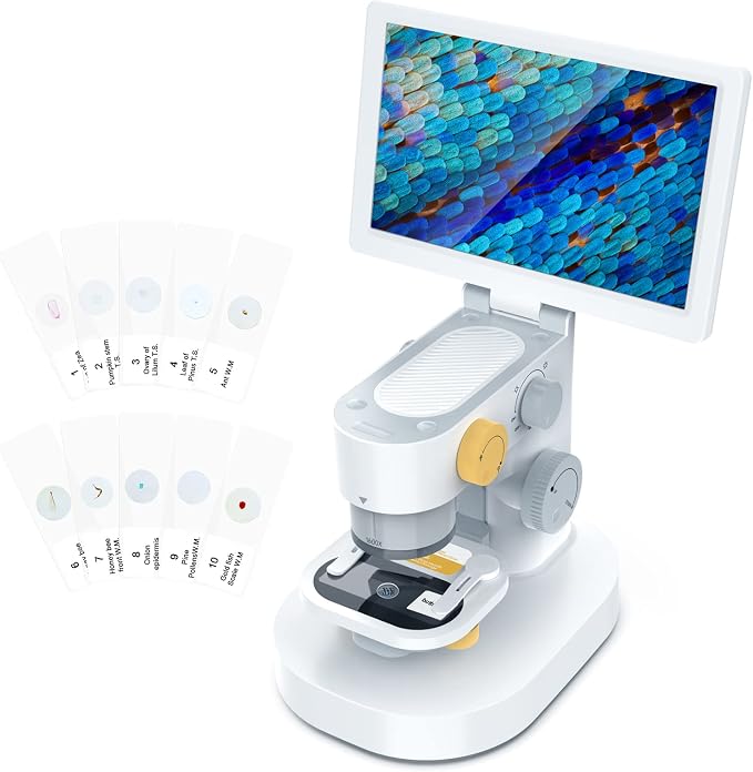 T1 Biological Digital Microscope with 9" IPS Touchscreen, 1600X Optical Objective Lenses, STEM Kids Microscope,Windows/Mac Compatible