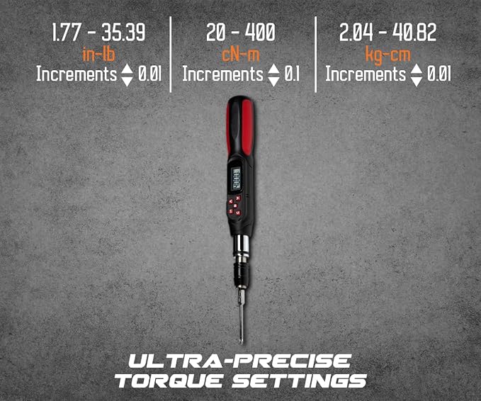 Tapha Tools Digital Torque Screwdriver 1.77-35.39 in-lbs (20-400 cN-m / 2.04-40.82 kg-cm) Torque Range, Accurate to ±2% Dual Direction, LED and Buzzer Notification, Preset Memory (SPN-T4BN)