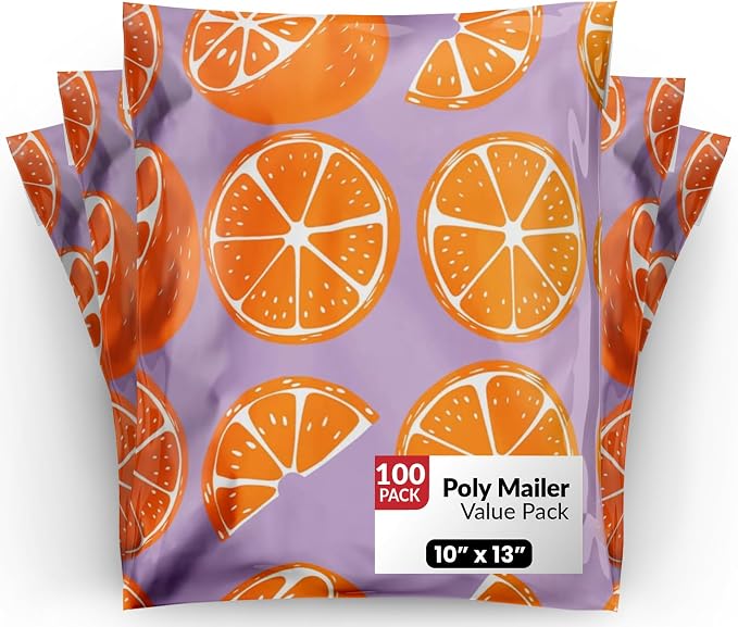 10x13 Poly Mailers – Orange Fruit Design – Waterproof, Tear-Resistant Shipping Bags with Adhesive Seal – 100 Pack – Package Mint