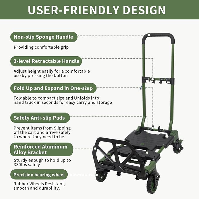 2-in-1 Black Folding Small cart, Outdoor Cargo handling Vehicle, Flatbed Trailer with a Load Capacity of 330 pounds (1, Green+Black)