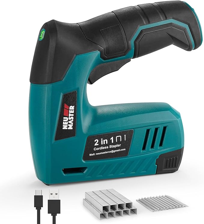 NEU MASTER 2-in-1 Cordless Electric Staple Gun & Brad Nailer, 4V Rechargeable Power Stapler with 2000pcs Staples & Nails Included, USB Charging, Lightweight for Upholstery, Woodworking & Home DIY