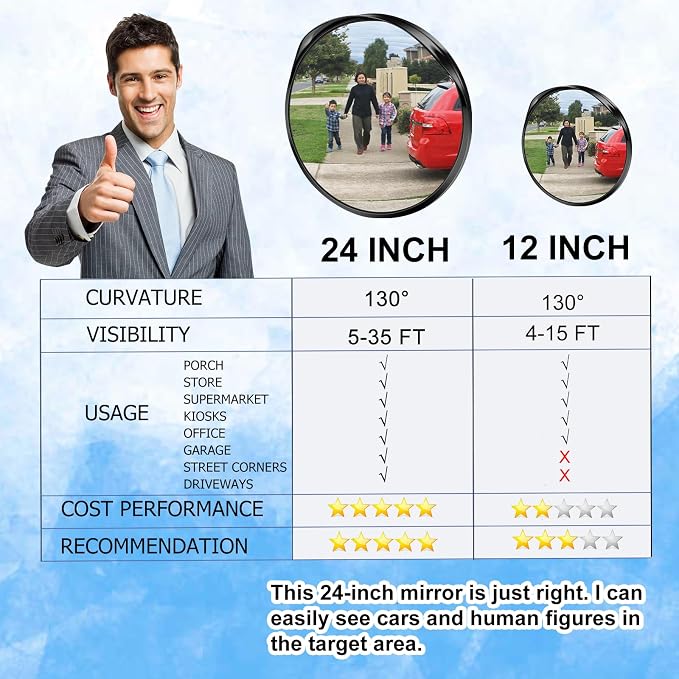 24" Unbreakable Convex Traffic Mirror – Adjustable Bracket, Wide-Angle Security Mirror for Retail Store, Garage, Warehouse, Blind Spot, Office, Parking Lot, Blind Spots Outdoor