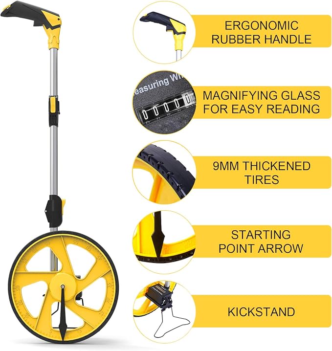 Zozen Measuring Wheel in Feet and Inches, Mechanical/Double Collapsible/One Key to Reset/Kickstand to Keep Stand/Starting Point Arrow and Cloth Carrying Bag, 0-9,999 Ft Measure Wheel.