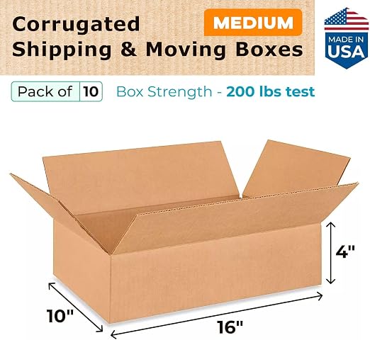 Medium Moving & Shipping Boxes 16x10x4 inches (10-Pack) - Extra Strength 200 lb vs Regular - USA-Made Corrugated Packaging Boxes for USPS/UPS/FEDEX - Shipping Box - Heavy Duty Box by IDL Packaging