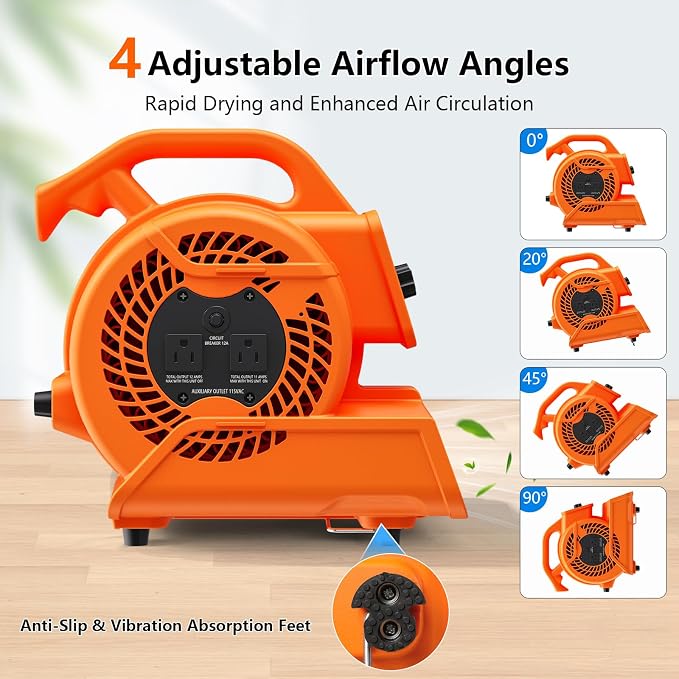Air Mover Blower Fan, Portable Air Blower, Floor Fan, Carpet Dryer, Floor Dryer, 1/6 HP 600 CFM, 3-Speed, 4 Adjustable Angles, Daisy Chain, Stackable, for Janitorial, Home, Commercial Use, ETL Listed