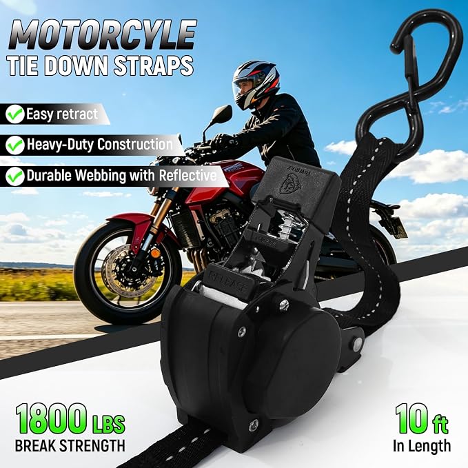 Retractable Ratchet Straps (Patented-4pack) - 1 inch x 10Feet (1,800lb Break Strength) Auto Self Retracting Tie Down Straps - Self Retractable Straps with Refletcive for Motorcyle, Truck or Cargo