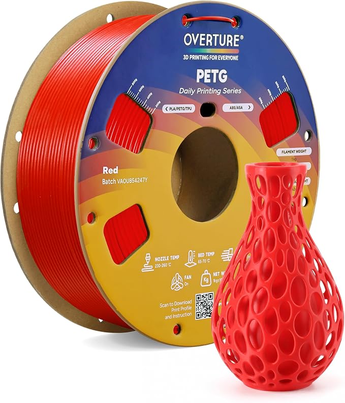 OVERTURE PETG Filament 1.75mm, High Speed 3D Printer Filament, Neatly Wound & Clog-Free, 1kg Spool (2.2lbs) Rapid PETG, Dimensional Accuracy +/- 0.02mm, Fit Most FDM Printers (Red)
