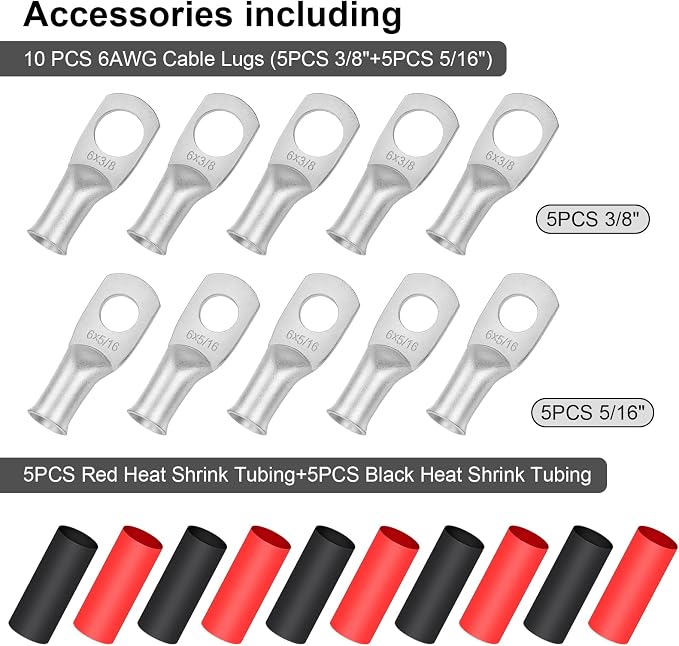 iGreely 6 Gauge 6 AWG Wire 10 Feet Black + 10 Feet Red Ultra Flexible Welding Battery Pure Copper Cable + 5pcs of 5/16" & 5pcs 3/8" Copper Cable Lug Terminal Connectors+Heat Shrink Tubing