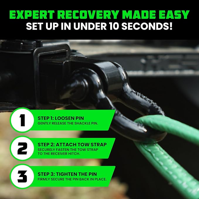 Rhino USA Heavy-Duty Recovery Gear Combos Off-Road Truck Vehicle Recovery, Best Offroad Towing Accessories (30' Strap + Shackle Hitch)