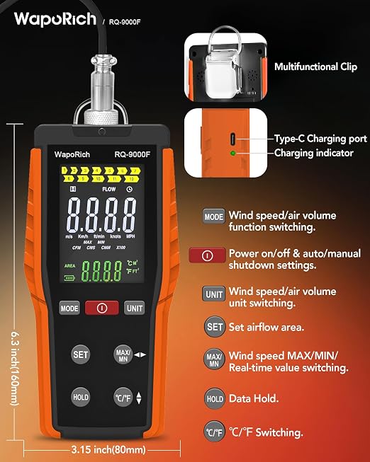 Hot Wire Anemometer HVAC, WapoRich CFM Air Flow Meter Wind Speed Gauges with MAX/MIN, CMM/CMS/CFM Airflow Meter, Air Velocity 0.2-67 MPH, Wind Temp 32℉-113℉ - RQ-9000F