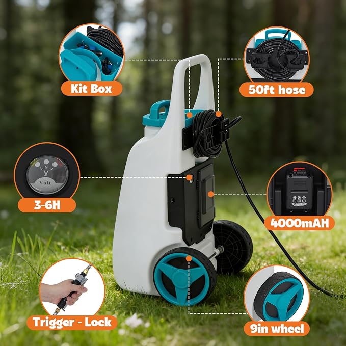 Garvee 13 Gallons Battery Powered Sprayer with Wheeled Cart, 18V 4Ah Electric Sprayer with 6 Nozzles & 2 Wands, 4-6 Hour Runtime, 80PSI Adjustable Pressure, Trigger Lock, Yard Sprayers for Lawn