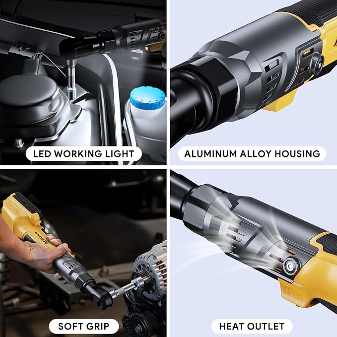 3/8" Cordless Ratchet Wrench for Dewalt 20V Battery, Brushless Motor | 74Ft-Lbs Electric Ratchet with Variable Speed, 1/2" & 1/4" Adapters, 3" Extension Bar (Tool Only)