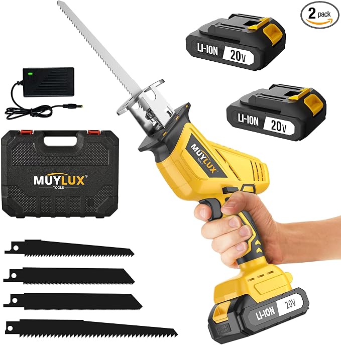 Cordless Reciprocating Saw, Electric Saw with Battery and Charger, 20V Battery Power Saws, 0-3500 SPM Variable Speed, Tool-Free Change, 4 PCS Blades for Wood PVC Metal Pipe Tree Cutting, 2 Batteries