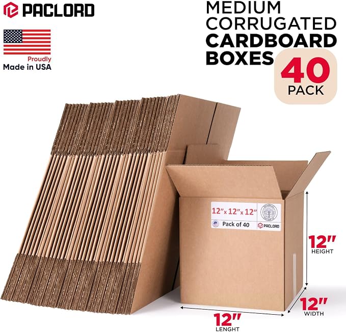 Medium Cardboard Boxes 12"L x 12"W x 12"H (Pack of 40) - USA-Made Packing Boxes for Moving, Shipping, or Storage - USPS, UPS, FedEx Approved - Professional Packing Supplies for Moving | USA-Made Packing Boxes for Moving, Shipping, or Storage - USPS, UP...