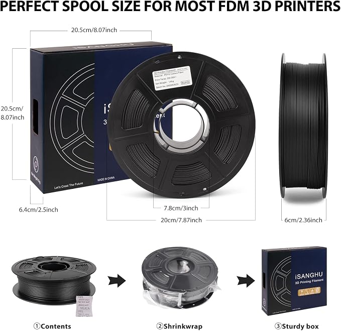 Carbon Fiber PETG Filament 1.75mm, Lightweight/High Strength PETG CF 3D Printer Filament, Black Carbon Fiber Filament 1kg(2.2lbs) Spool