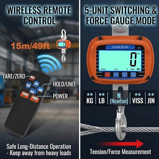 RESHY 11000Lbs / 5 Ton Digital Crane Scale, 2lb (1kg) Accuracy Heavy Duty Cast Aluminum Hanging Scale w/Wireless Remote, Temp & Humidity Monitor for Industrial, Warehouse