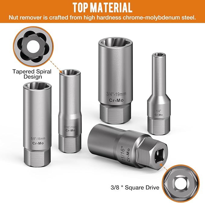 16PCS 3/8" Drive Deep Bolt Extractor Set, Impact Bolt Nut Remover Set, Stripped Lug Nut Extraction Socket Set For Narrow Space Removing Broken, Damaged, Frozen, Rusted, Rounded-Off Bolts, Nuts, Stud