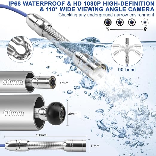 Sewer Camera w/DVR Function, 4.3" HD 1080P Screen Pipeline Inspection Camera, IP68 Waterproof Pipe Plumbing Snake Cam with 32GB Card, for Sewer Line, Home, Duct Drain Pipe Plumbing (50M/165FT)