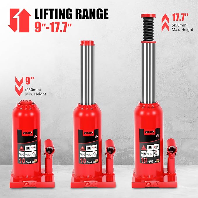 DNA Motoring 10 tons / 20000 lbs Lifting Automotive Welded Hydraulic Bottle Jack for Repair Vehicle, Pickup, Truck, w/Manual Handle, Red,TOOLS-00359