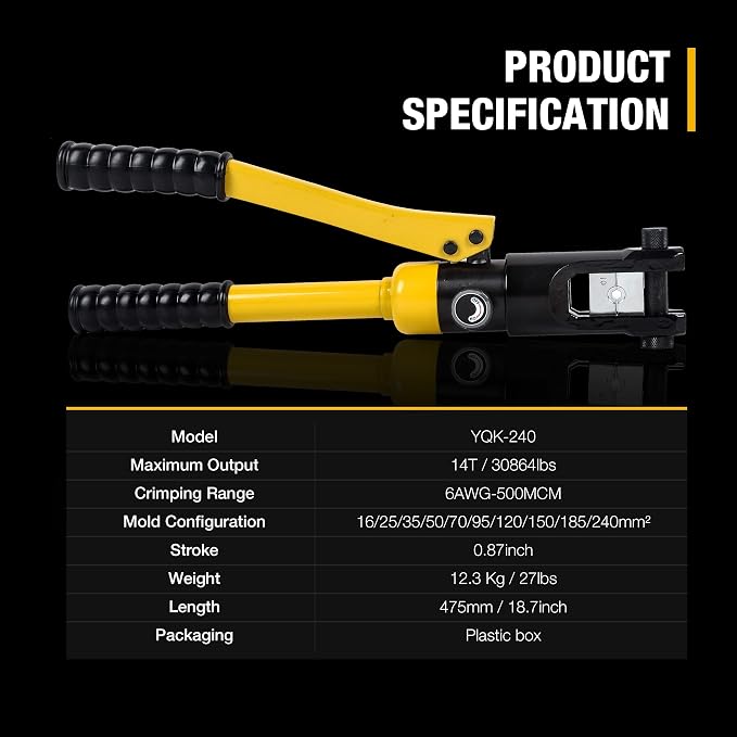 14T Hydraulic Crimping Tool 6AWG-500MCM Cable Crimping Tool 0.87 inch Stroke Hydraulic Lug Crimper Electrical Terminal Crimper with 10 Pairs of Die Sets, YQK-240