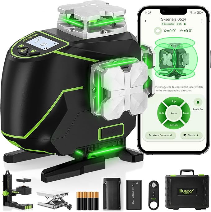 Huepar Laser Level 360 Self Leveling, S04CG 4x360° Green 4D Cross Line Laser with LCD Screen, Bluetooth Outdoor Pulse Mode, Remote Control, Rechargeable 16 Lines Laser Tool for Construction/Tile/Floor