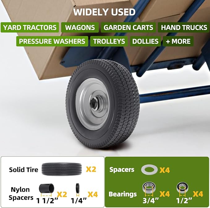 AR-PRO (2-Pack) 10-Inch Solid Wheel Replacement - 4.10/3.50-4 Flat Free Tire and Wheel with 5/8 extra 3/4 &1/2 Bearings and 2.25" Offset Hub - Compatible with Hand Truck, Generator, Gorilla Carts