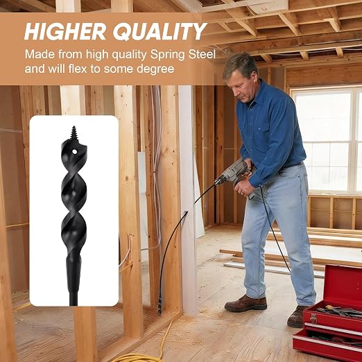 72" Flexible Installer Drill Bit for Pulling Wires in Walls, Ceilings, and Sidewalks, 9/16" Auger with Screw Point & Fish Eye, 3/16" 3-Flat Shank for Wood & Conduits, with Wire Puller & Storage Tube