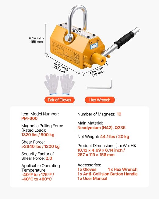 VEVOR Permanent Magnetic Lifter, 1320 lbs Pulling Capacity, Heavy Duty N42 Neodymium Lifting Magnet with Release Handle and Steel Hook, Used in Shop Crane and Hoist, for Lifting Plate Steel, Board
