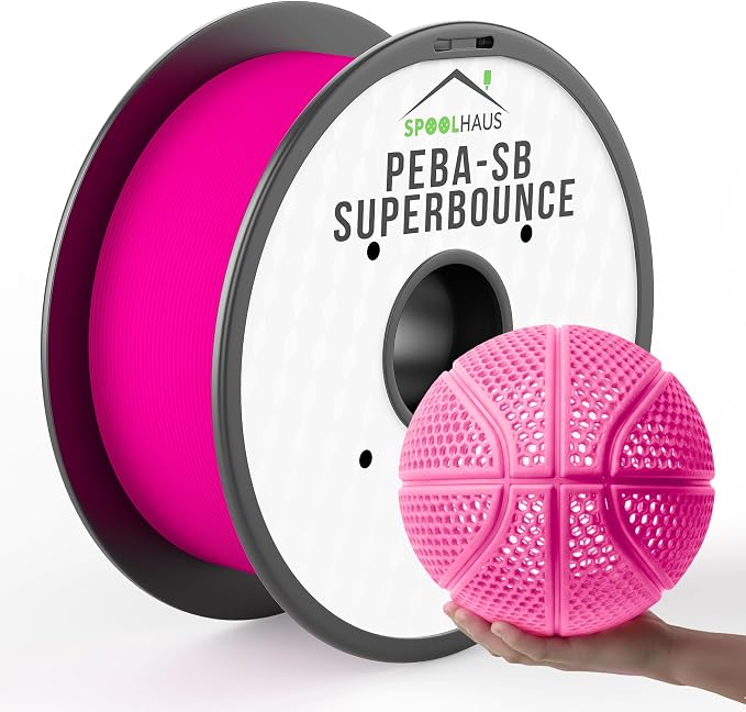 PEBA Filament High Rebound Flexible Filament Super TPU Nylon Based Strength 1.75mm 78% Energy Return Bouncy Airless Basketball Lightweight 3D Printer Filament SpoolHaus Superbounce (Pink, 1kg)