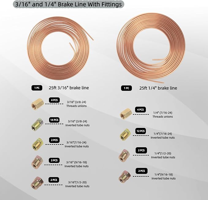 Wostore 25 FT 3/16"+1/4" Copper Coated Brake Line Kit with 44 Brass Fittings & Double/Single Flaring Tool Kit, Complete Brake Line Repair Solution for Cars, Trucks, Motorcycles