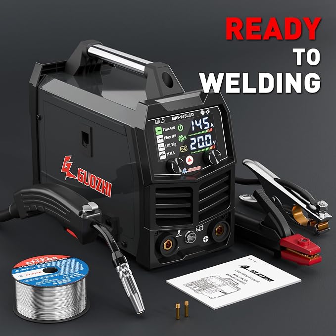 GZ GUOZHI 145A MIG Welder, 3 in 1 Welders FLUX MIG/Lift TIG/ARC Multi-Process IGBT Inverter Welder, 110V Welding Machine, ‌Flux Core Welder with upgrade Large LCD Screen