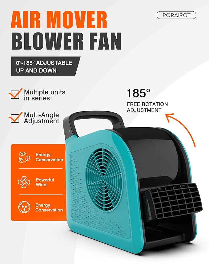 Blower Fan for Drying Cooling and Ventilating, Air Mover for Home Garage Workshop and Job Site Use, Air Mover Blower Fan with 185° Rotation, 3 Speeds, 2 AC Outlets, Blue
