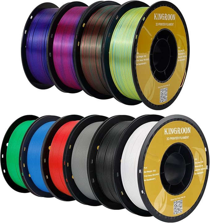 Kingroon PLA 3D Printer Filament,10 Rolls, 10kg Spool(22lbs),Single and Triple Color1.75 mm,4 Triple Color Silk PLA+6 PLA