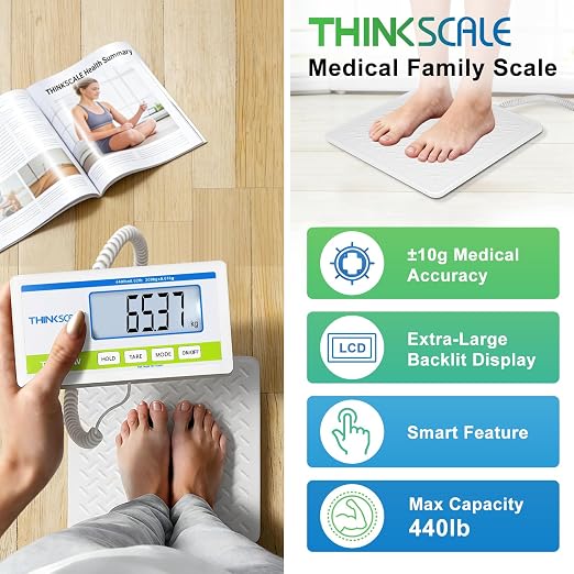 THINKSCALE Medical Grade Floor Scale 440lbs –10g High Precision (0.02lb)–Extra Large Backlit Display–Portable Body Weight Scale for Home, Hospital, Physician, Gym & Bariatric Use– KG/LB