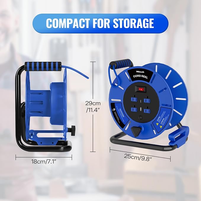18W LED Work Light and Extension Cord Storage Reel with 4-Grounded Outlet & 2 USB Port Bundle, for Garage, Workshop, Car Repair Scene, Hand Wind Retractable Y03WL06-U85CR06